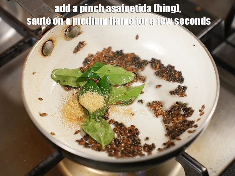 Step 22 – <p>Add&nbsp;a pinch&nbsp;<a href="glossary-asafoetida-hing-113i">asafoetida (hing)</a>. Sauté on a medium flame for a few seconds.</p>