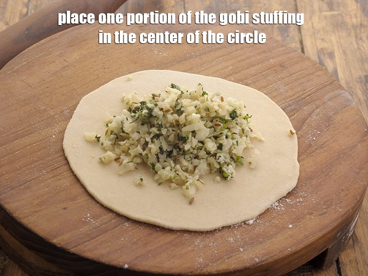 Step 26 – <p>Place one portion of the<strong> gobi stuffing</strong> in the center of the circle. Do not …