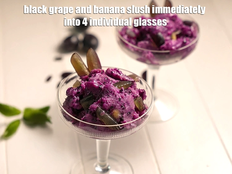 Step 16 – <p><strong>black grape and banana slush</strong><span style="background-color:rgb(255,255,255);color:rgb(0,0,0);"> immediately into 4 individual glasses.</span></p>