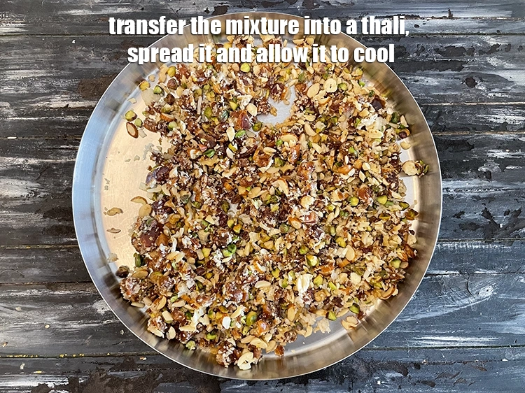 Step 26 – <p>Transfer the<strong> mixture</strong> into a thali, spread it and allow it to cool for 5 …