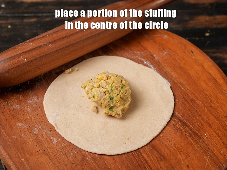 Step 44 – <p><span style="background-color:rgb(255,255,255);color:rgb(0,0,0);">Place a portion of the <strong>stuffing</strong> in the centre of the circle.</span></p>