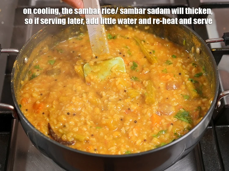 Step 56 – <p>On cooling, the&nbsp;<strong>sambar rice/ sambar sadam</strong>&nbsp;will thicken, so if serving later, add little water and …
