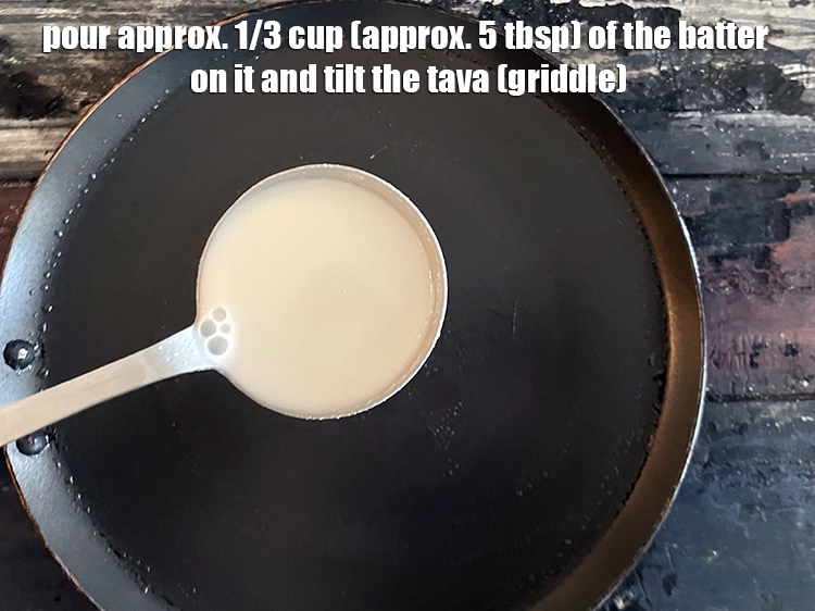 Step 10 – <p><span style="background-color:rgb(255,255,255);color:rgb(0,0,0);">Pour approx. 1/3 cup (approx. 5 tbsp) of the <strong>batter</strong> on it and tilt …
