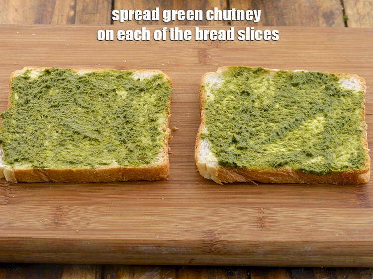 Step 8 – <p>Spread 1 tsp of <a href="https://www.tarladalal.com/glossary-green-chutney-2401i"><u>green chutney</u></a> on each of the bread slices.</p>