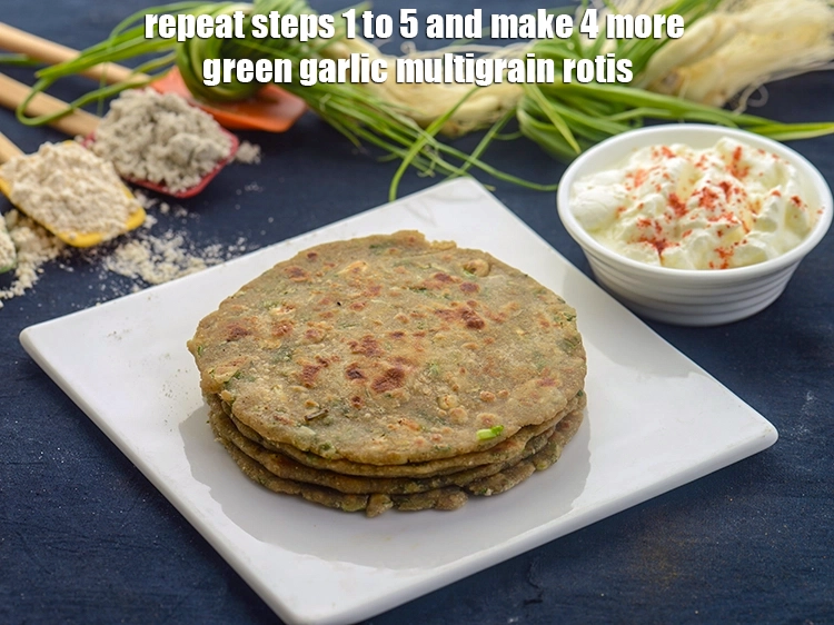 Step 15 – <p>Repeat steps 1 to 5 and make 4 more <strong>green garlic multigrain rotis</strong>.</p>