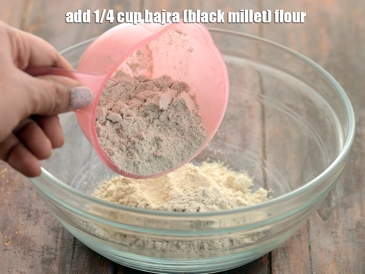 Step 2 – <p>Add <span style="background-color:rgb(255,255,255);color:rgb(0,0,0);">1/4 cup </span><a href="https://www.tarladalal.com/glossary-bajra-flour-bajra-ka-atta-bajre-ka-atta-176i"><u>bajra (black millet) flour</u></a>. Bajra flour helps in lowering <a …