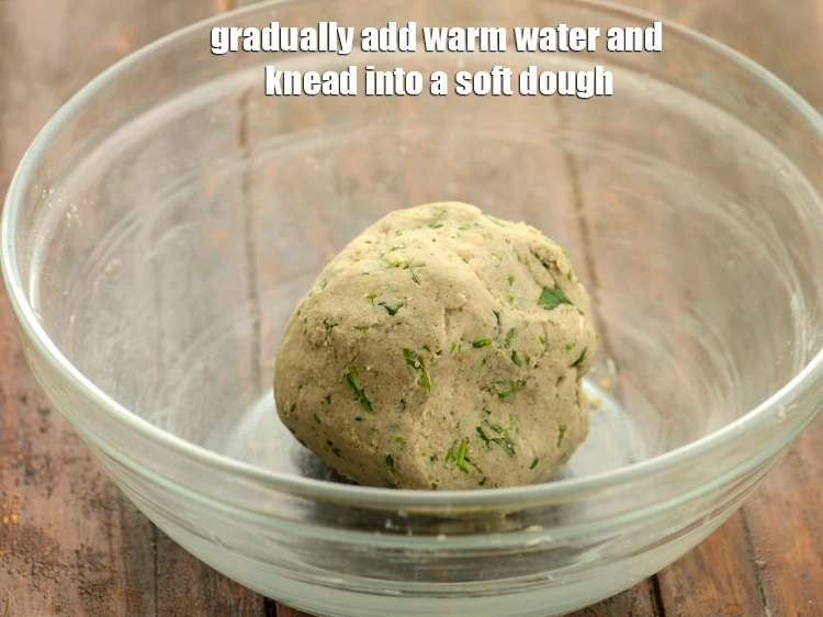 Step 8 – <p>Gradually add <strong>warm water</strong> and knead into a <strong>soft dough</strong>.</p>