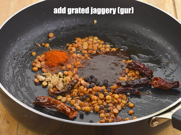 Step 9 – <p><span style="background-color:rgb(255,255,255);color:rgb(0,0,0);">Add the 1 tsp </span><a href="https://www.tarladalal.com/glossary-jaggery-gur-gud-kala-gud-477i#ing_2805"><u>chopped jaggery (gur)</u></a><span style="background-color:rgb(255,255,255);color:rgb(0,0,0);">. It balances the sourness from …