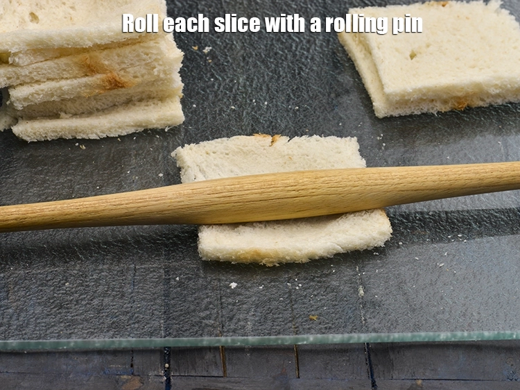 Step 3 – <p><span style="background-color:rgb(255,255,255);color:rgb(0,0,0);">Roll each slice with a rolling pin.</span></p>