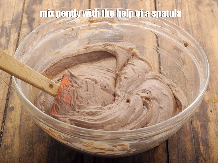 Step 19 – <p><strong>Mix gently</strong> with the help of a spatula. While combining dry and wet ingredients, ensure …