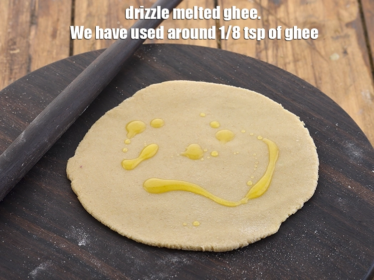 Step 12 – <p>Drizzle melted <a href="https://www.tarladalal.com/glossary-ghee-245i"><u>ghee</u></a>. We have used around 1/8 tsp of ghee.</p>