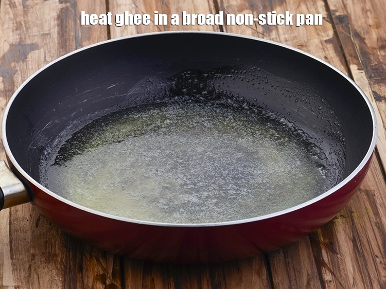 Step 7 – <p><span style="background-color:rgb(255,255,255);color:rgb(0,0,0);">Heat the 1 tbsp </span><a href="https://www.tarladalal.com/glossary-ghee-245i"><u>ghee</u></a><span style="background-color:rgb(255,255,255);color:rgb(0,0,0);"> in a broad non-stick pan.</span></p>