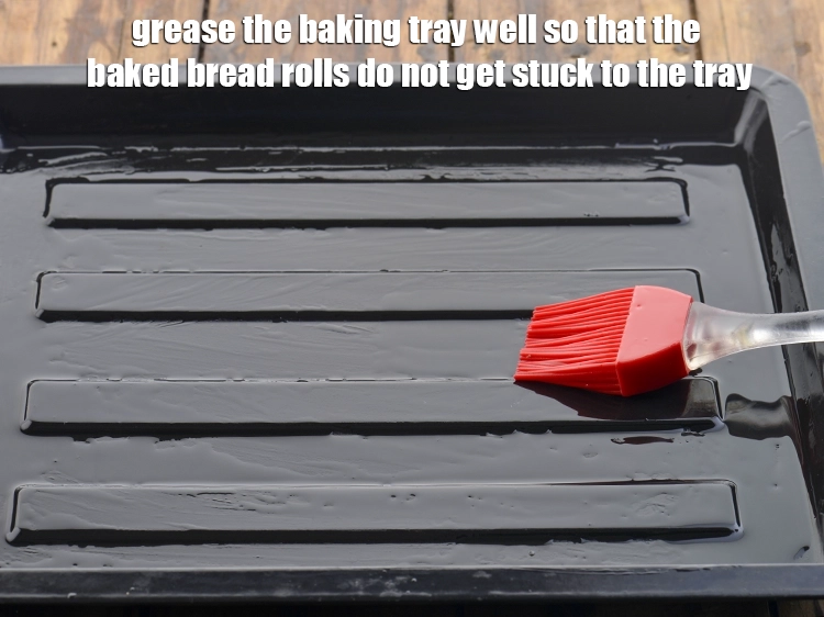Step 30 – <p><span style="background-color:rgb(255,255,255);color:rgb(0,0,0);"><strong>Grease</strong> the <strong>baking tray</strong> well so that the baked bread rolls do not get …