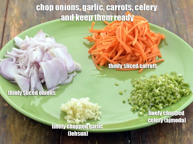 Step 4 – <p><strong>Chop the onions, garlic, carrots, celery and keep them ready</strong>. These vegetables are the main …