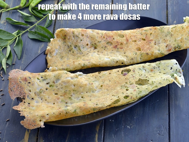 Step 34 – <p><span style="background-color:rgb(255,255,255);color:rgb(0,0,0);">Repeat with the remaining batter to make 4 more </span><strong>rava dosas.</strong></p>
