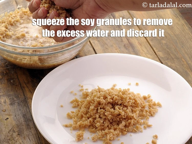 Step 6 – <p>Open the lid and <strong>squeeze</strong> the soy granules to remove the excess water and discard …