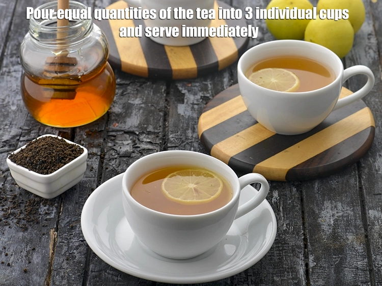 Step 6 – <p><span style="background-color:rgb(255,255,255);color:rgb(0,0,0);">Pour equal quantities of the <strong>tea</strong> into 3 individual cups and serve immediately.</span></p>