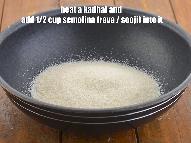 Step 8 – <p><span style="background-color:rgb(255,255,255);color:rgb(0,0,0);">Heat a kadhai and add the 1/2 cup </span><a href="https://www.tarladalal.com/glossary-semolina-sooji-rava-rawa-603i"><u>semolina (rava / sooji)</u></a><span style="background-color:rgb(255,255,255);color:rgb(0,0,0);"> …