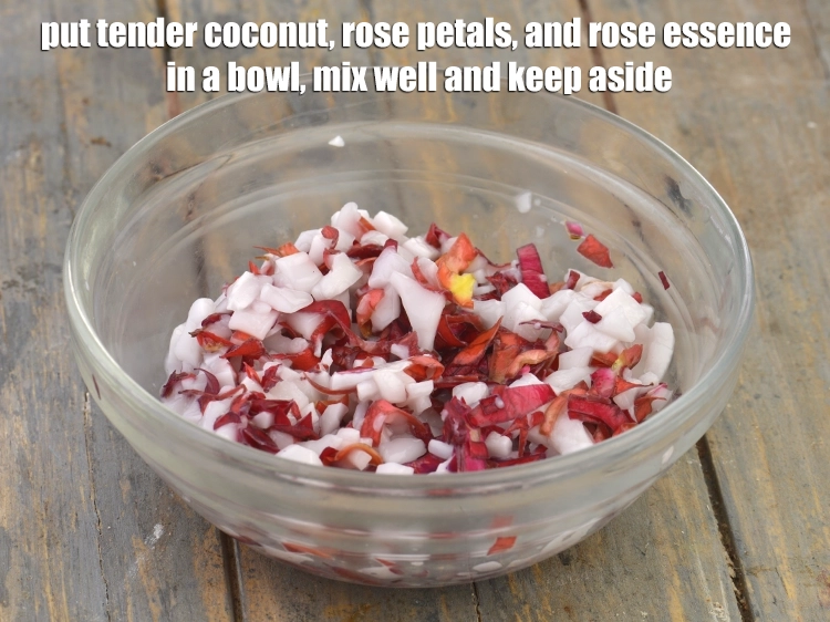 Step 1 – <p>To make the <strong>Rose and Tender Coconut Ice-cream, </strong>Put the <span style="background-color:rgb(255,255,255);color:rgb(0,0,0);">1/2 cup </span><a href="https://www.tarladalal.com/glossary-tender-coconut-hara-nariyal-green-coconut-274i"><u>tender …