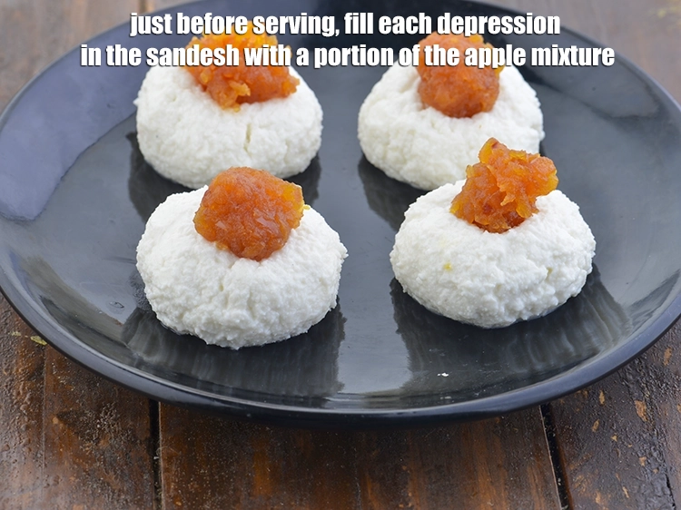 Step 8 – <p><span style="color:rgb(13,13,13);"><strong>Just before serving</strong>, fill each depression in the sandesh with a portion of the …