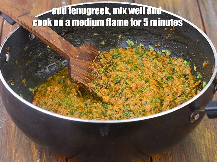 Step 6 – <p><span style="background-color:rgb(255,255,255);color:rgb(0,0,0);">Add the 1 cup </span><a href="https://www.tarladalal.com/glossary-fenugreek-leaves-methi-methi-leaves-methi-ke-patte-methi-ki-bhaji-373i#ing_2382"><u>chopped fenugreek leaves (methi)</u></a><span style="background-color:rgb(255,255,255);color:rgb(0,0,0);">, mix well and cook …