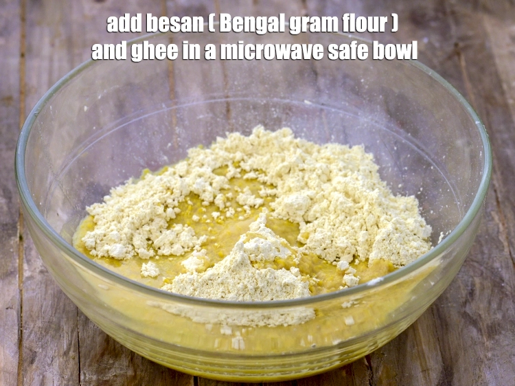 Step 1 – <p>To make <strong>Besan Laddoo ( Microwave Recipe), </strong>add the <span style="background-color:rgb(255,255,255);color:rgb(0,0,0);">2 1/2 cups </span><a href="https://www.tarladalal.com/glossary-besan-chana-dal-flour-bengal-gram-flour-952i"><u>besan …