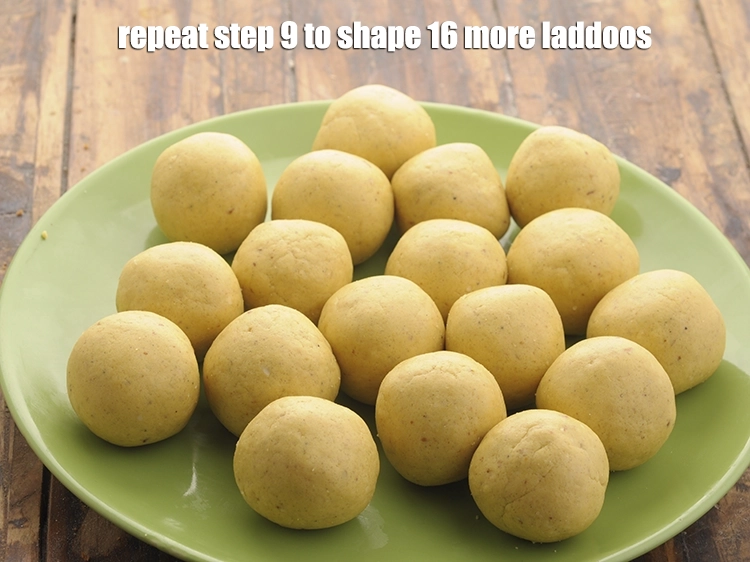 Step 10 – <p><span style="background-color:rgb(255,255,255);color:rgb(0,0,0);">Repeat step 9 to shape 16 more <strong>laddoos</strong>.</span></p>