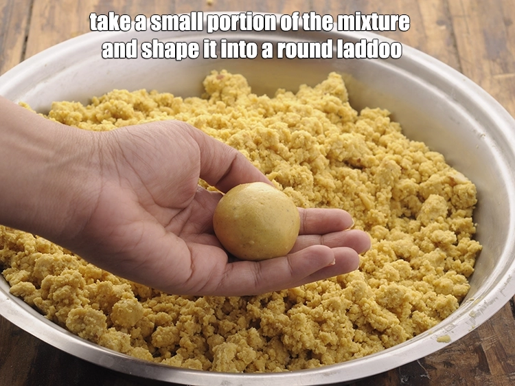 Step 9 – <p><span style="background-color:rgb(255,255,255);color:rgb(0,0,0);">Take a small portion of the mixture and shape it into a r<strong>ound laddoo</strong>. …