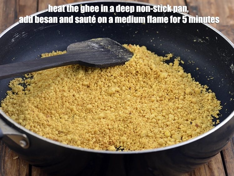 Step 8 – <p><span style="background-color:rgb(255,255,255);color:rgb(0,0,0);">To make the <strong>filling</strong> for <strong>Baked Besan Gujiya</strong>, &nbsp;Heat the </span><a href="https://www.tarladalal.com/glossary-ghee-245i"><u>ghee</u></a><span style="background-color:rgb(255,255,255);color:rgb(0,0,0);"> in …
