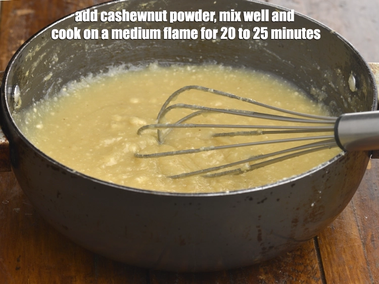 Step 5 – <p><span style="background-color:rgb(255,255,255);color:rgb(0,0,0);">Add the 3/4 cup </span><a href="https://www.tarladalal.com/glossary-cashew-nuts-kaju-840i#ing_3243"><u>powdered cashew nut (kaju)</u></a><span style="background-color:rgb(255,255,255);color:rgb(0,0,0);">, mix well and cook …