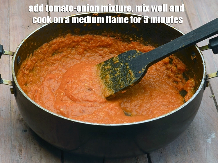 Step 3 – <p><span style="background-color:rgb(255,255,255);color:rgb(0,0,0);">Add the <strong>tomato-onion mixture</strong>, mix well and cook on a medium flame for 5 …