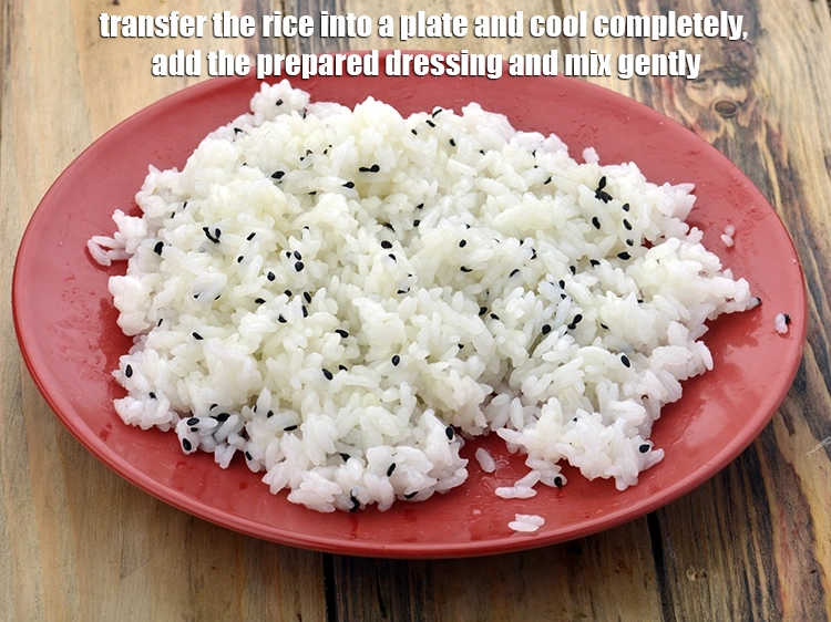 Step 9 – <p><span style="background-color:rgb(255,255,255);color:rgb(0,0,0);">Transfer the <strong>rice</strong> into a plate and cool completely, add the <strong>prepared dressing</strong> and …