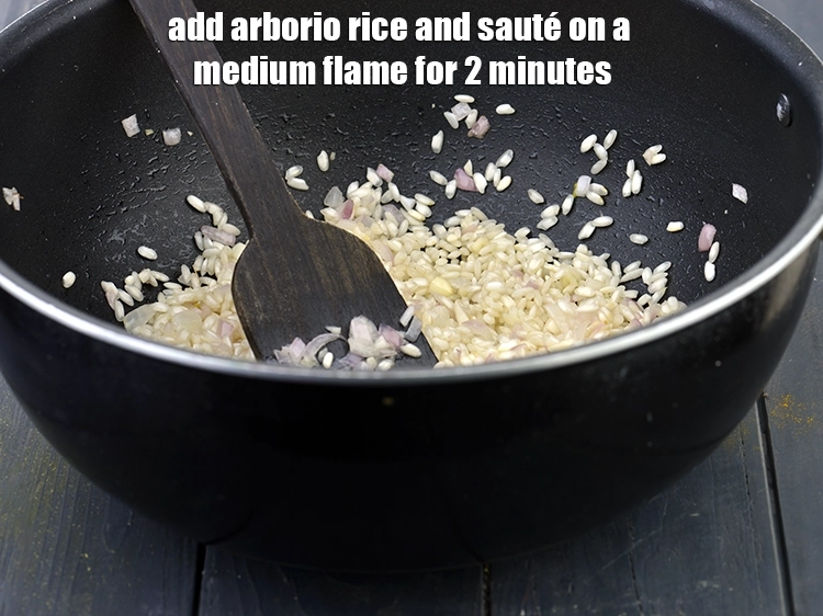 Step 4 – <p><span style="background-color:rgb(255,255,255);color:rgb(0,0,0);">Add the 3/4 cup </span><a href="https://www.tarladalal.com/glossary-Arborio-Rice-1399i"><u>arborio rice</u></a><span style="background-color:rgb(255,255,255);color:rgb(0,0,0);"> and <strong>sauté</strong> on a medium flame …