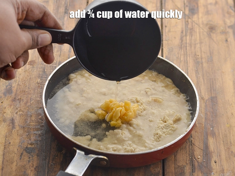 Step 17 – <p>Add ¾ cup of <strong>water</strong> quickly.&nbsp;</p>