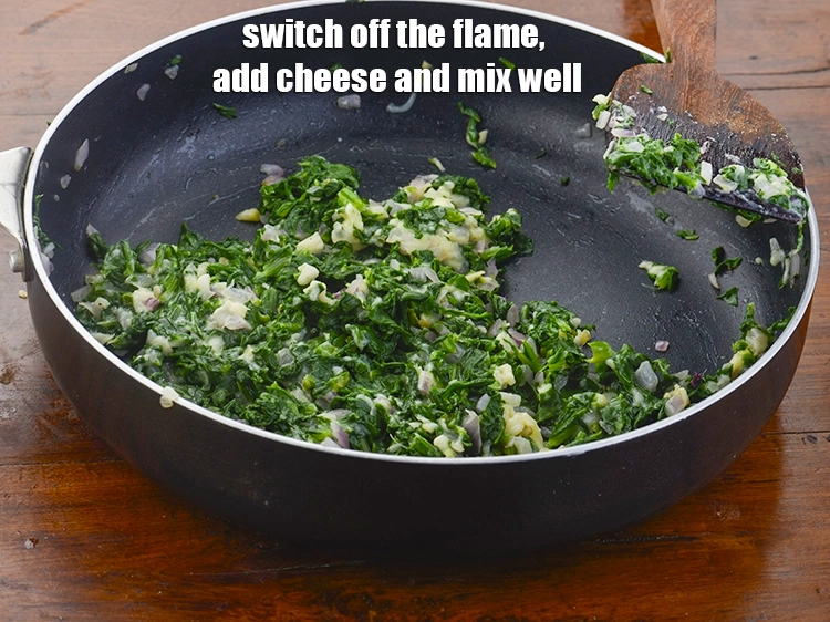 Step 6 – <p><span style="background-color:rgb(255,255,255);color:rgb(0,0,0);"><strong>Switch off the flame</strong>, add the </span><a href="https://www.tarladalal.com/glossary-processed-cheese-315i#ing_3090"><u>grated processed cheese</u></a><span style="background-color:rgb(255,255,255);color:rgb(0,0,0);"> and mix well. …