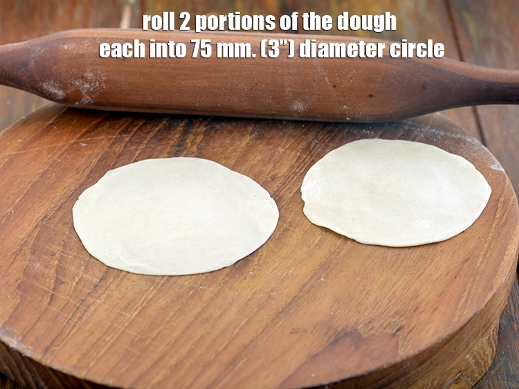 Step 9 – <p><span style="background-color:rgb(255,255,255);color:rgb(0,0,0);">Roll 2 portions of the dough each into 75 mm. (3”) diameter circle using …