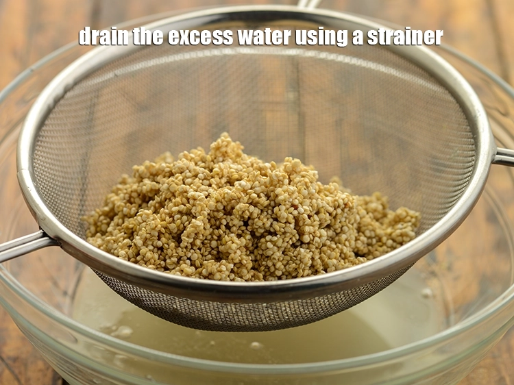 Step 9 – <p><strong>Drain</strong> the excess water using a strainer. Keep the washed <strong>quinoa</strong> aside.</p>