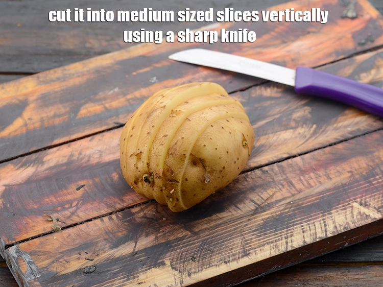 Step 2 – <p><span style="background-color:rgb(255,255,255);color:rgb(0,0,0);">Place the <strong>potato</strong> on a chopping board horizontally and cut it into medium sized …