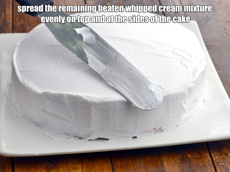 Step 12 – <p><span style="background-color:rgb(255,255,255);color:rgb(0,0,0);">Spread the remaining 1cup of </span><a href="https://www.tarladalal.com/glossary-beaten-whipped-cream-1948i"><u>beaten whipped cream</u></a><span style="background-color:rgb(255,255,255);color:rgb(0,0,0);">. mixture evenly on top …