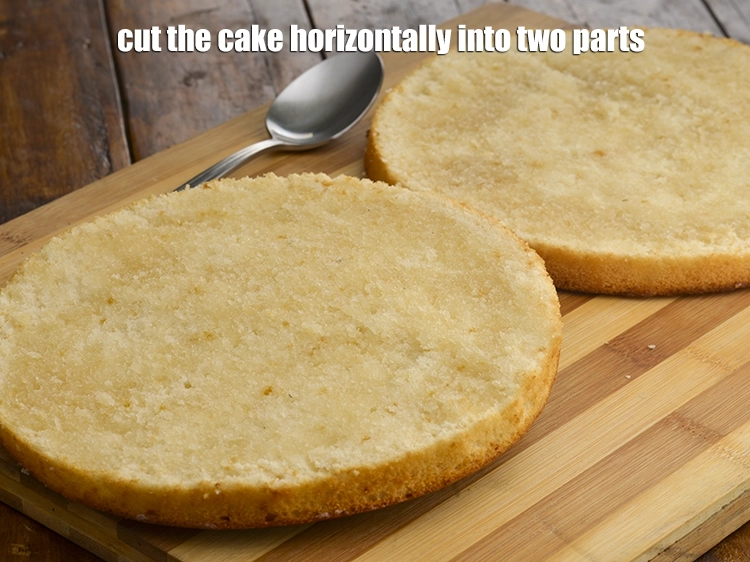 Step 6 – <p>Cut the 1 <a href="https://www.tarladalal.com/eggless-vanilla-sponge-cake--pressure-cooker-41264r">eggless vanilla sponge cake</a> (7”) horizontally into two parts.</p>