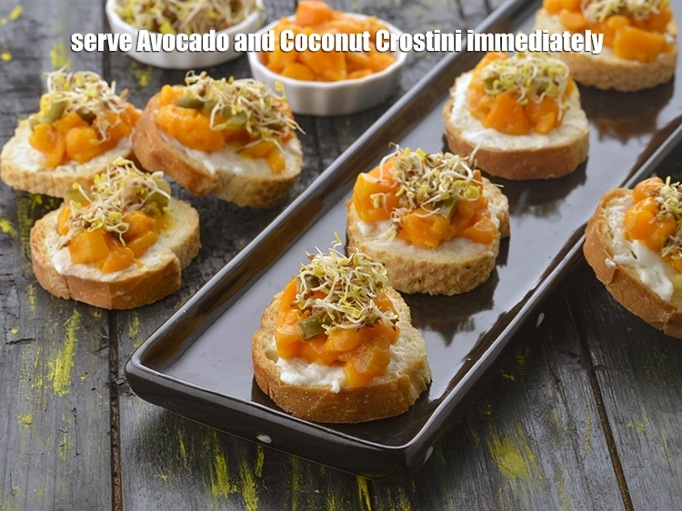 Step 9 – <p><span style="background-color:rgb(255,255,255);color:rgb(0,0,0);">Serve <strong>Mango and Burrata Cheese Crostini</strong> immediately.</span></p>