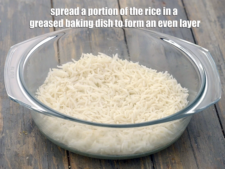 Step 13 – <p><span style="background-color:rgb(255,255,255);color:rgb(0,0,0);">Spread a portion of the <strong>rice</strong> in a greased <strong>baking dish</strong> to form an …