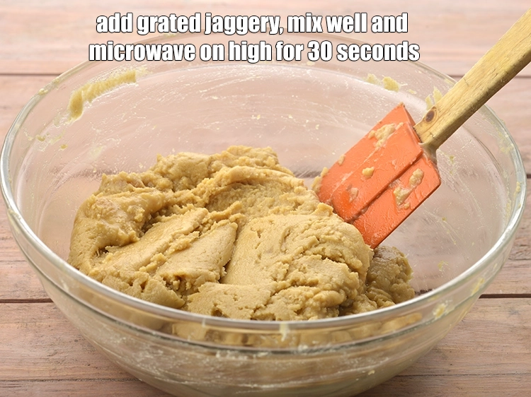 Step 4 – <p><span style="background-color:rgb(255,255,255);color:rgb(0,0,0);"><strong>Cool slightly</strong>, add the 1/2 cup </span><a href="https://www.tarladalal.com/glossary-jaggery-gur-gud-kala-gud-477i#ing_2806"><u>grated jaggery (gur)</u></a><span style="background-color:rgb(255,255,255);color:rgb(0,0,0);">, mix well and …