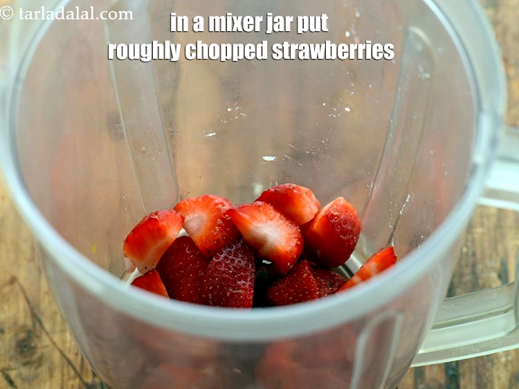 Step 1 – <p>To make the <strong>Watermelon and Strawberry Drink</strong>, &nbsp;put <span style="background-color:rgb(255,255,255);color:rgb(0,0,0);">1 cup roughly </span><a href="https://www.tarladalal.com/glossary-strawberry-strawberries-436i#ing_3013"><u>chopped strawberries</u></a> …