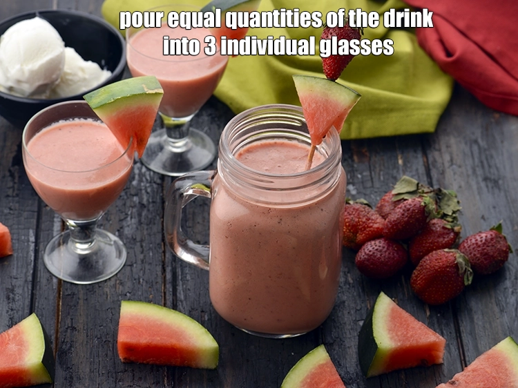 Step 5 – <p><span style="background-color:rgb(255,255,255);color:rgb(0,0,0);">Pour equal quantities of the <strong>drink</strong> into 3 individual glasses.</span></p>