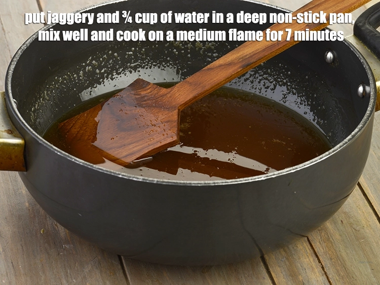 Step 3 – <p>Put the <span style="background-color:rgb(255,255,255);color:rgb(0,0,0);">2 cups </span><a href="https://www.tarladalal.com/glossary-jaggery-gur-gud-kala-gud-477i#ing_2805"><u>chopped jaggery (gur)</u></a><span style="background-color:rgb(255,255,255);color:rgb(0,0,0);"> and ¾ cup of <strong>water</strong> …