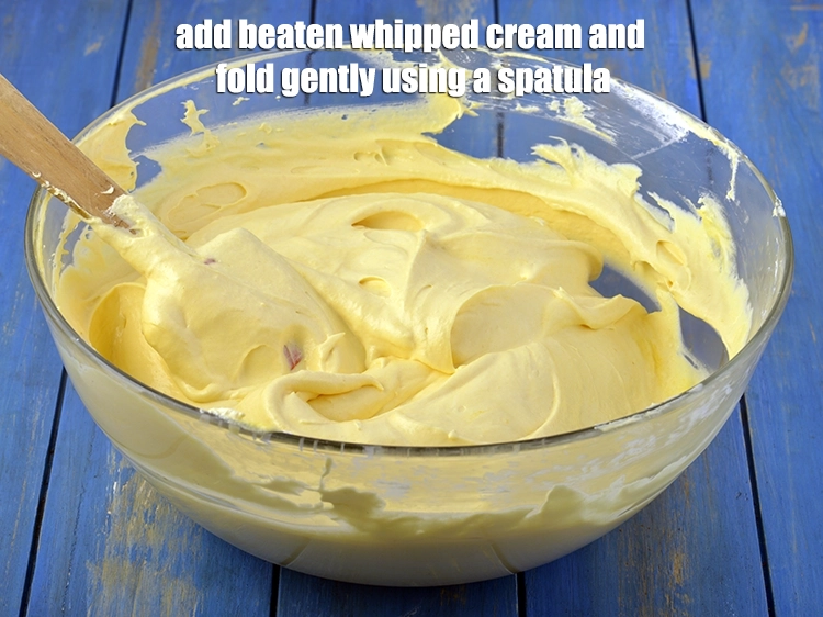 Step 5 – <p><span style="background-color:rgb(255,255,255);color:rgb(0,0,0);">Add the <strong>beaten whipped cream</strong> and <strong>fold gently</strong> using a spatula.</span></p>