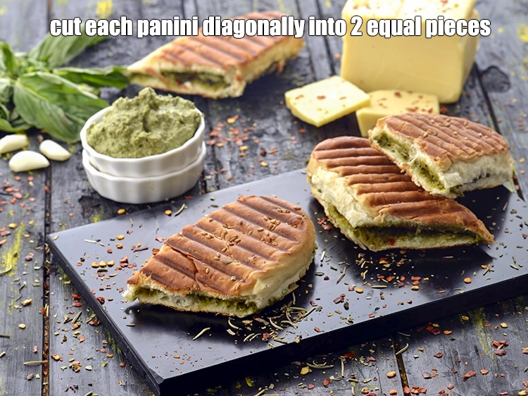 Step 9 – <p><span style="background-color:rgb(255,255,255);color:rgb(0,0,0);"><strong>Cut</strong> each <strong>panini </strong>diagonally into 2 equal pieces. Repeat steps 2 to 4 to …