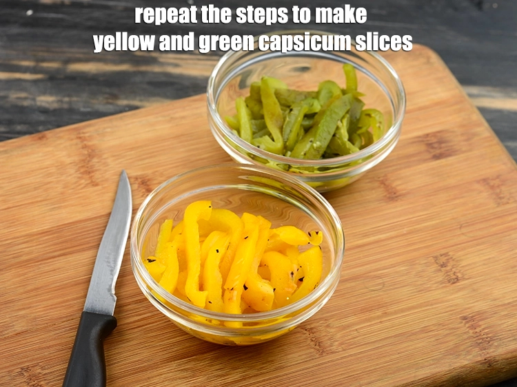 Step 8 – <p><span style="background-color:rgb(255,255,255);color:rgb(0,0,0);">Repeat steps 1 to 3 with the <strong>yellow and green capsicum </strong>as well.</span></p>