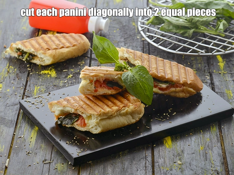 Step 9 – <p><strong>Cut</strong> each <strong>panini </strong>diagonally into 2 equal pieces. Repeat steps 1 to 4 to make …